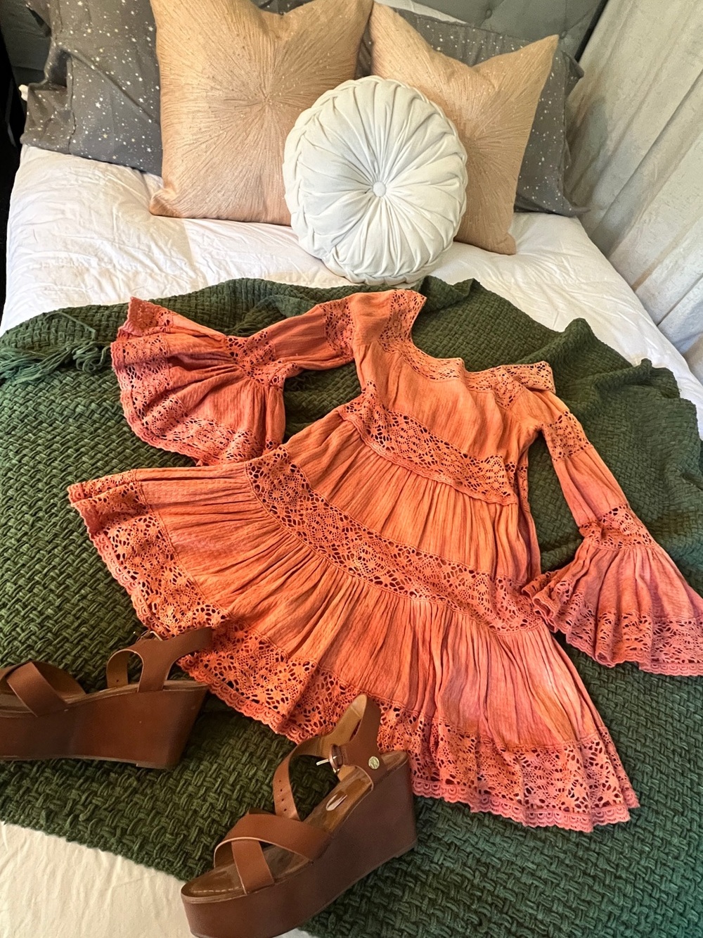 Free People Pippa Dress - Distressed Coral Lace-Tiered Bell-Sleeve Mini